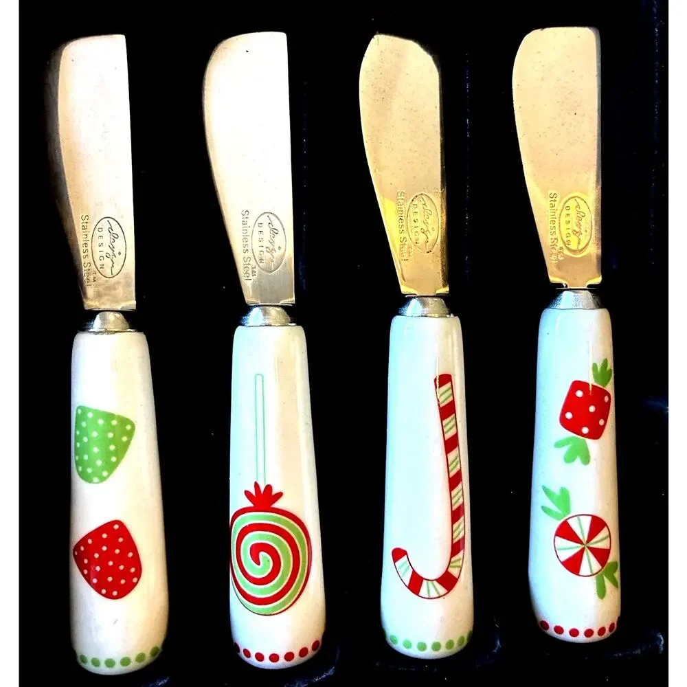 4 Christmas cheese spreaders Stainless Steel Knives porcelain holiday sweets